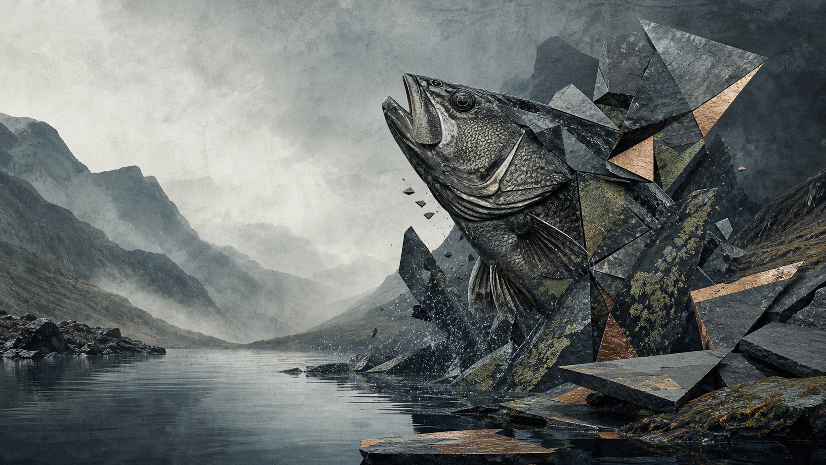 Slate collage of a bass beneath the mountains of Snowdonia